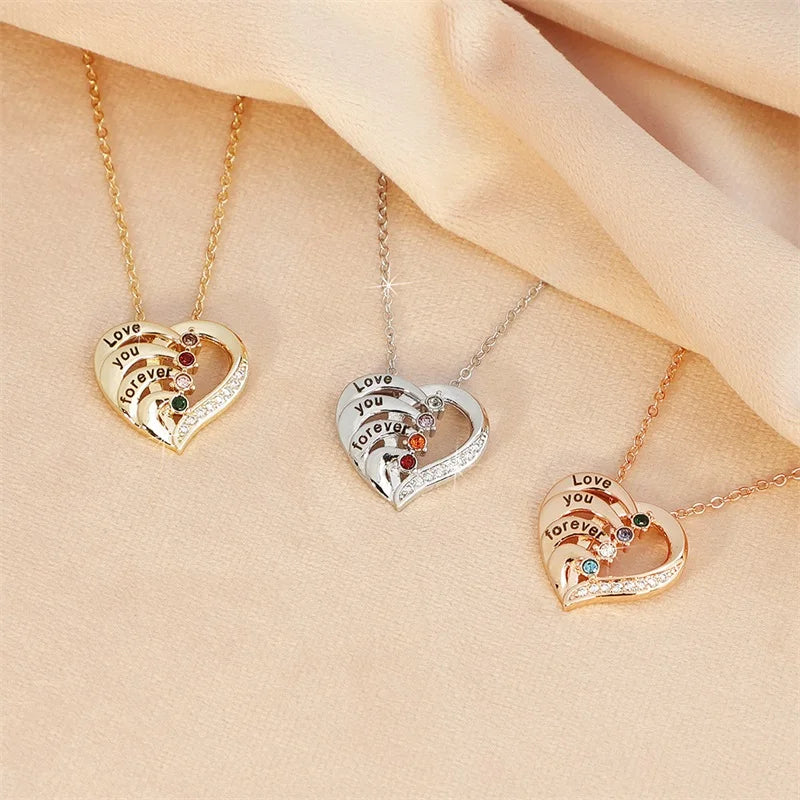 Personalized Heart Necklace with Birthstones & Engraved Names