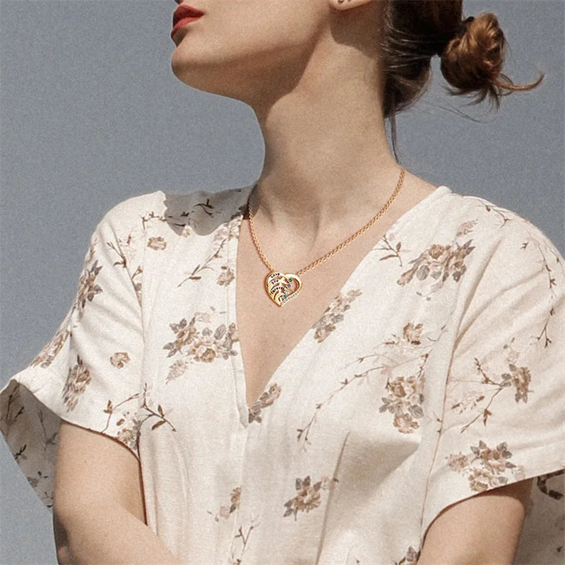 Personalized Heart Necklace with Birthstones & Engraved Names